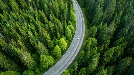 Aerial view of a car driving on a highway road through a lush green forest, showcasing a natural landscape with trees and clouds under cinematic lighting. High-resolution and hyper-realistic details.