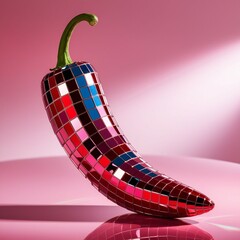 A vibrant, curved red chili pepper covered in small reflective disco ball tiles, creating a shimmering mosaic effect. The surface reflects hues of red, pink, blue, and gold. The chili has a fresh gree