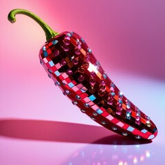 A vibrant, curved red chili pepper covered in small reflective disco ball tiles, creating a shimmering mosaic effect. The surface reflects hues of red, pink, blue, and gold. The chili has a fresh gree