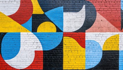 Colorful geometric mural on brick wall, urban background, design art