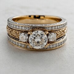 "A dazzling gold and silver wedding ring set with intricate engravings and brilliant-cut diamonds on a pure white background."