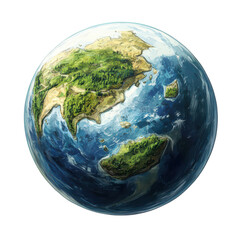 Fototapeta premium Artistic Earth Globe Green Landmasses Blue Ocean Planet isolated on transparent background