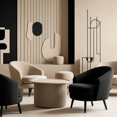 Create a cozy yet elegant interior design that embodies a blend of modern and minimalist styles. Focus on a neutral color palette, incorporating shades of black, beige, and cream. The setup should inc