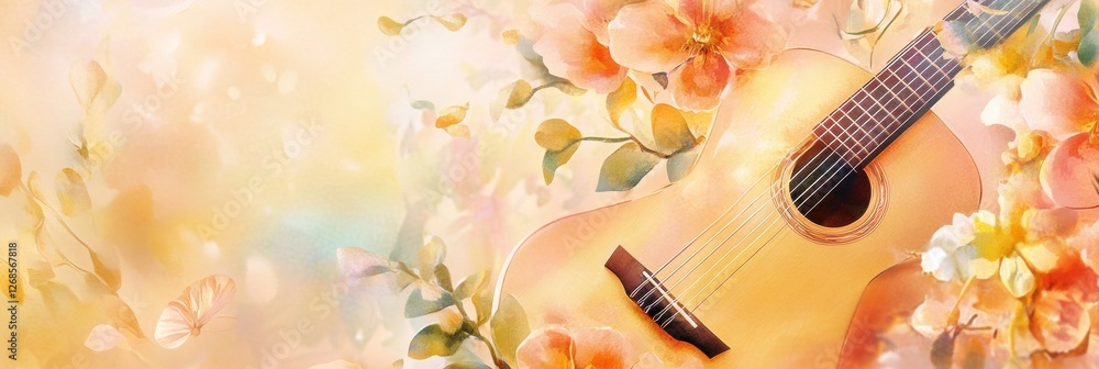 Leinwandbilder Guitar surrounded by colorful flowers creating a serene and artistic atmosphere in a warm light setting. Generative AI