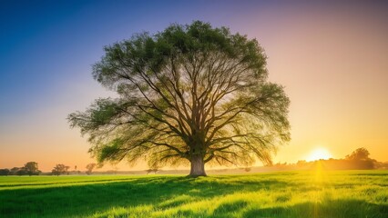 Naklejka premium a tree is standing in the middle of a field in front of a sun setting
