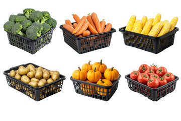 Black supermarket farm baskets filled with different fresh healthy vegetables, broccoli, carrot, corn, pumpkin, tomato and potato isolated on a transparent PNG background