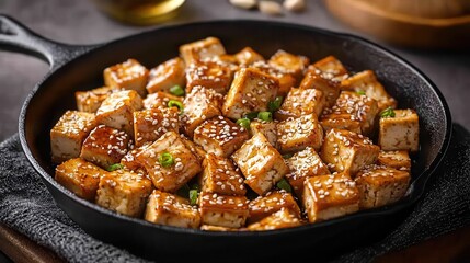 A delicious skillet filled with golden, sesame-coated tofu cubes, garnished with green onions, showcasing appetizing vegetarian cuisine.