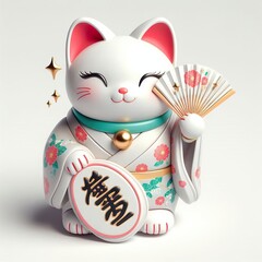 Obraz premium In a kimono, a charming white Manekineko cat figurine holds up its paw. It features red accents and a decorative hand fan. A symbol of luck and prosperity.