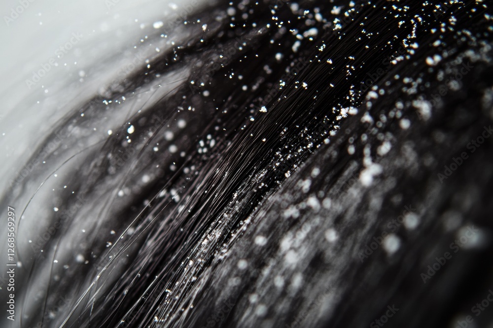 Poster dandruff flakes visible on dark hair strands revealing common scalp condition and providing text spa
