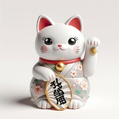 In a kimono, a charming white Manekineko cat figurine holds up its paw. It features red accents and a decorative hand fan. A symbol of luck and prosperity.