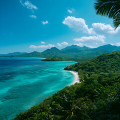 Fototapeta premium Tropical Island Beach with Turquoise Water and Lush Greenery