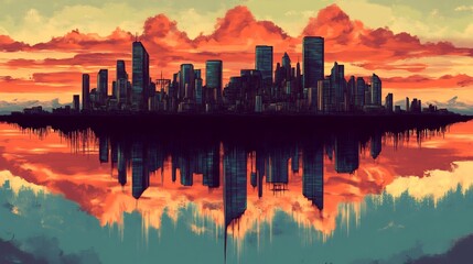 Reflective Cityscape Sunset Vibrant Orange Hues. AI Generated
