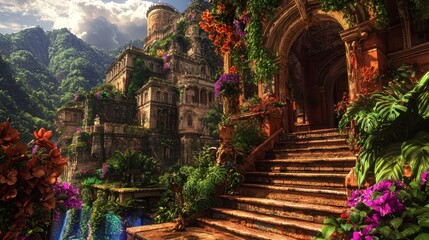 Obraz premium Lush overgrown castle steps, mountain valley backdrop
