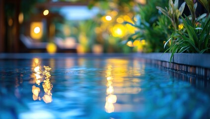 Serene Night Poolside: Tranquil Reflections and Warm Lights