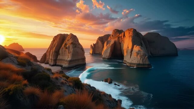A beautiful sunset over the ocean with rocks in the fore and a small island 