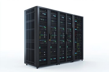 Data center racks, server room, network infrastructure, technology, white background, digital, storage, processing, computing, business