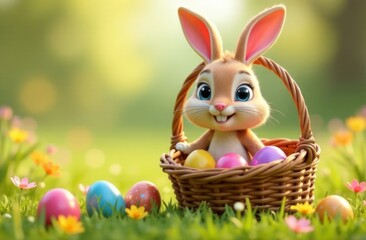 A basket with colorful Easter eggs and The Easter bunny