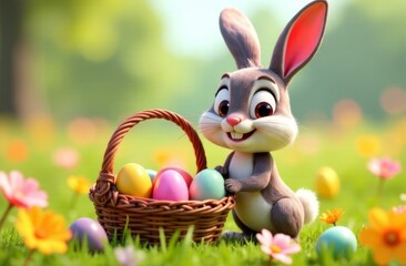 A basket with colorful Easter eggs and The Easter bunny