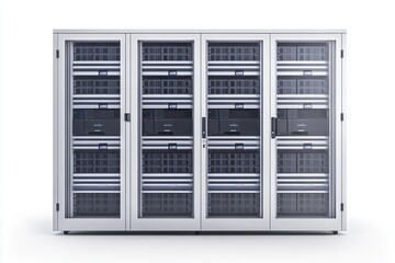 Data center server rack storage, white background, IT infrastructure