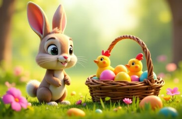 A basket with colorful Easter eggs and The Easter bunny