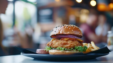 Close-up of a fried chicken burger on a plate with black paper, food photography, white table and background, blurred coffee shop in the background, food advertising, side view, studio lighting, high-