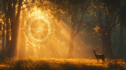 Majestic deer standing under glowing portal in enchanted forest, spirituality