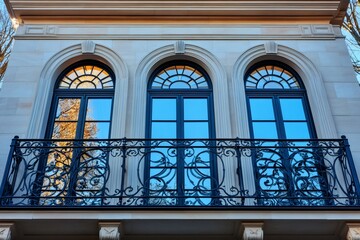 Obraz premium Luxurious balcony with decorative wrought iron railing reflecting in arched windows of elegant house