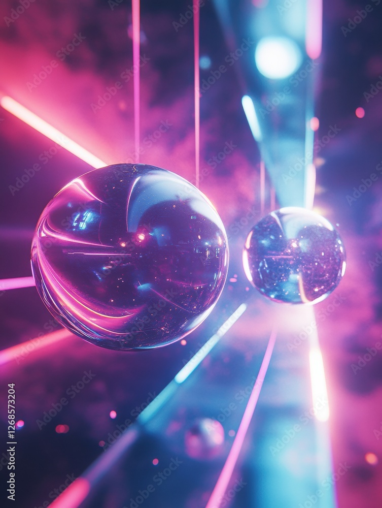 Poster Vibrant spheres floating in a surreal cosmic landscape with colorful beams of light. Generative AI