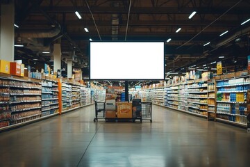 Large blank billboard advertising space in supermarket aisle