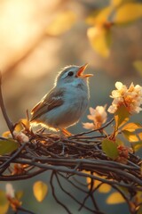 Baby bird singing on a branch at sunset in spring