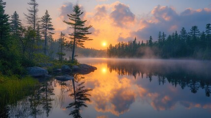 Sunrise reflecting on the misty lake in algonquin provincial park, ontario, canada