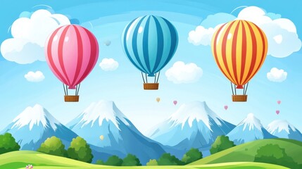 Three Hot Air Balloons Soar Over Majestic Mountains
