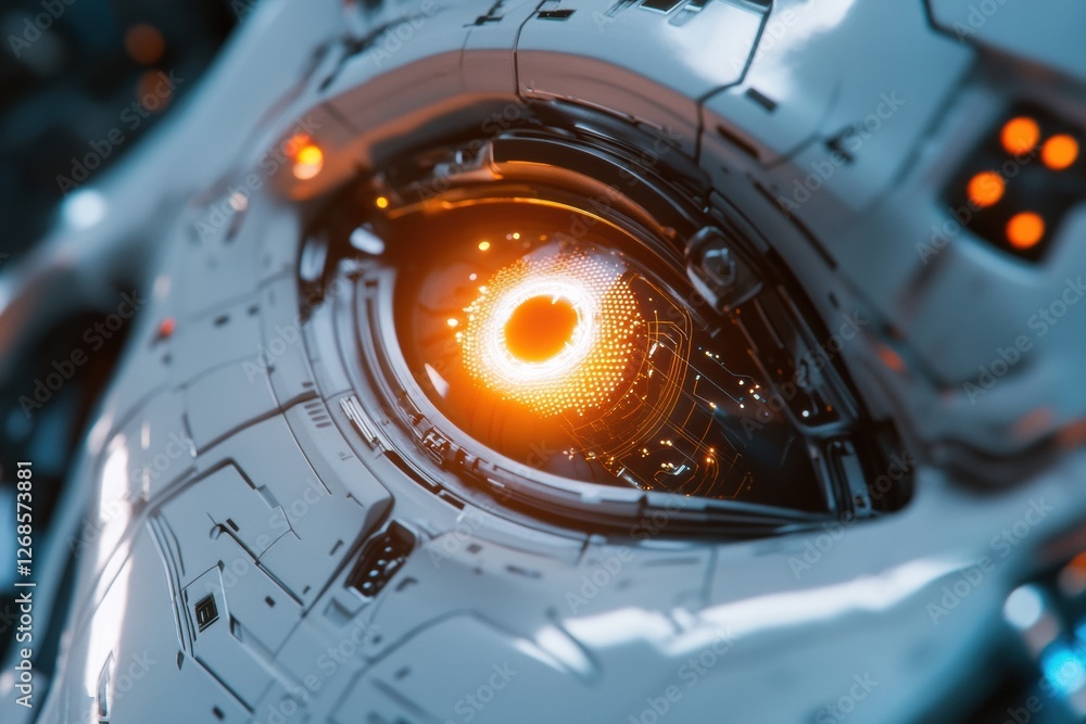 Poster Exploration of a close up view of a robotic eye illuminated softly by futuristic circuits in a high tech environment. Generative AI
