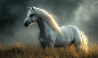 Fototapeta premium An elegant horse stands against a stormy sky.