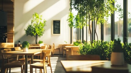 Fototapeta premium Bright and airy minimalist cafe featuring neutral tones, sleek wooden furniture, and green trees for a fresh touch. No people.