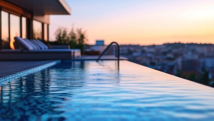 Obraz premium Serene Rooftop Infinity Pool at Sunset Over Cityscape