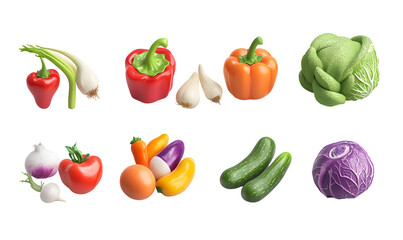 Naklejka premium Fresh Produce Collection: A vibrant selection of fresh vegetables, including peppers, garlic, onions, tomatoes, cucumbers, and cabbages, arranged in rows against a clean backdrop.