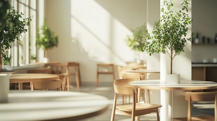 Clean, spacious cafe designed for work and relaxation. Minimalist aesthetic with white and brown tones, wooden furniture, and a few green trees. No people.