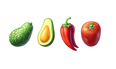 Avocado, Chili Pepper, and Tomato Illustration: A vibrant and colorful illustration showcasing a whole avocado, a halved avocado revealing its creamy flesh, two fiery red chili peppers.