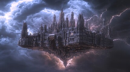 Fototapeta premium Majestic Floating Fortress Amidst Stormy Skies with Towering Spires