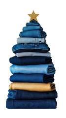 Denim stack shaped like a Christmas tree.