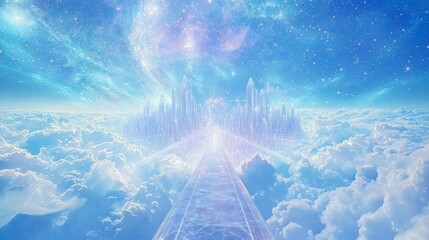 Surreal City Above Clouds with Glowing Elements and Dreamlike Atmosphere