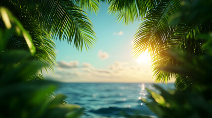 Fototapeta premium Tropical Sunset Ocean View Through Palm Leaves