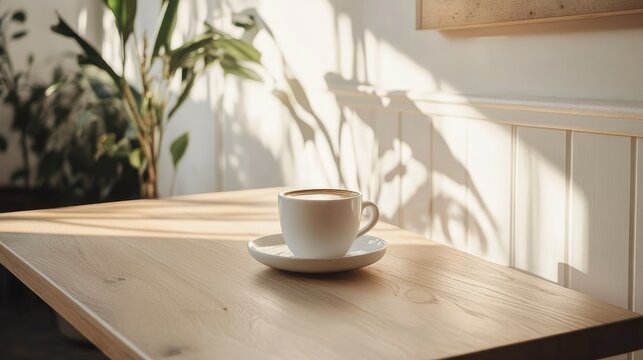 Minimalist-inspired cafe with a mix of wood, white, and subtle greenery. Designed for quiet work sessions. No people.