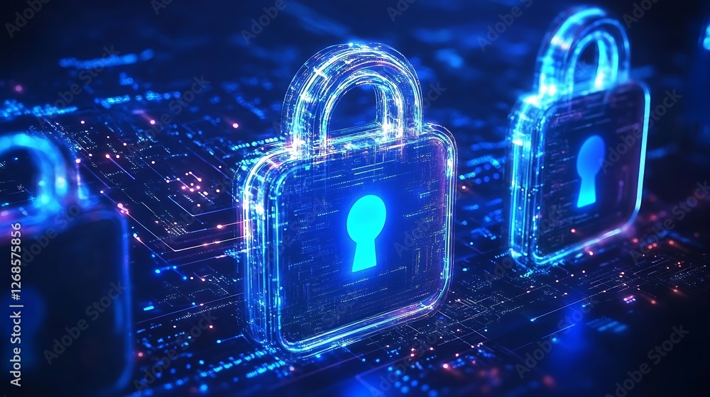 Aufkleber cybersecurity: digital locks protecting data in the network