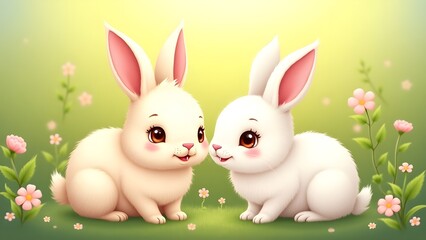Fototapeta premium easter bunny with eggs Cute Bunnies in a Spring Meadow 