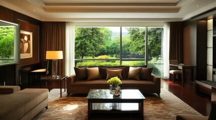Sophisticated living room featuring a modern brown sofa, full amenities, and a breathtaking view of a green garden through a large window.