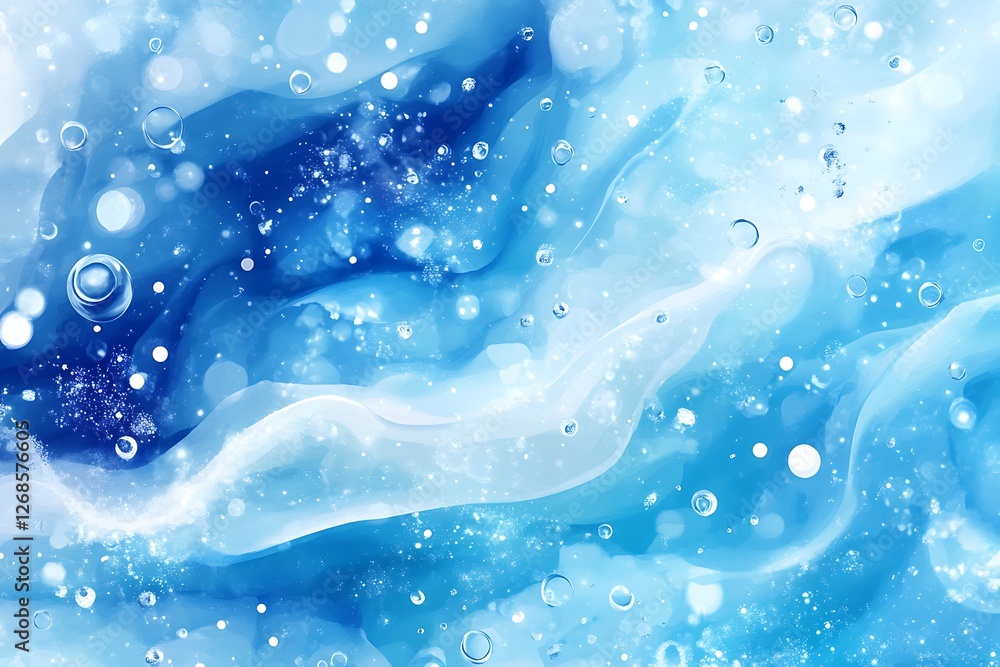 Poster water splashes and bubbles on blue background with bokeh effect