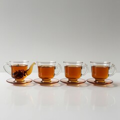 "A row of four traditional Turkish tea glasses filled with deep amber-colored tea, isolated on a white background. Each glass has a unique elegant design, some with curved shapes and some with handles