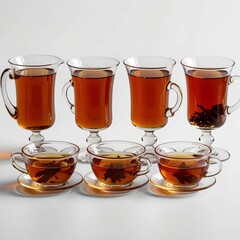 "A row of four traditional Turkish tea glasses filled with deep amber-colored tea, isolated on a white background. Each glass has a unique elegant design, some with curved shapes and some with handles
